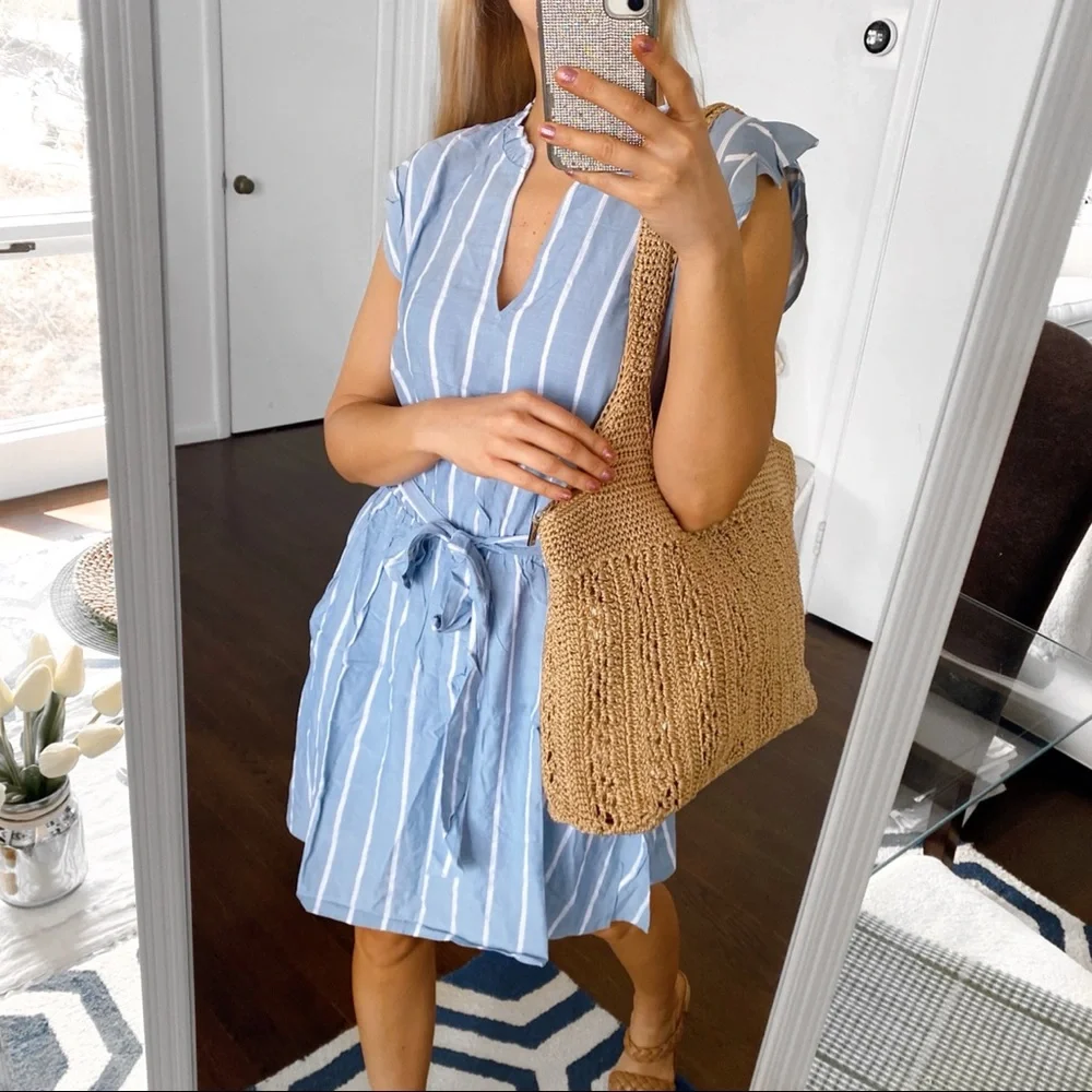 π¦ LOFT BOHO POWDER BLUE WHITE STRIPE BELTED RUFFLE SUMMER DRESS! - Picture 10 of 10